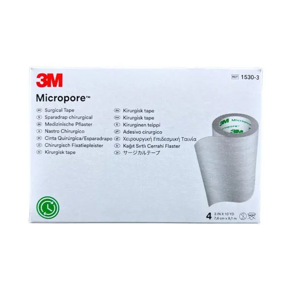 Micropore™ 3" color blanco. Medida: 7.5cm x 9.14m C/4 RLLS 3M