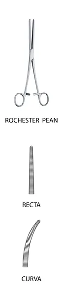 PINZA PEAN O ROCHESTER PEAN CURVA 14 CM. ESTRIAS TRANSVERSALES, SIN DIENTES.