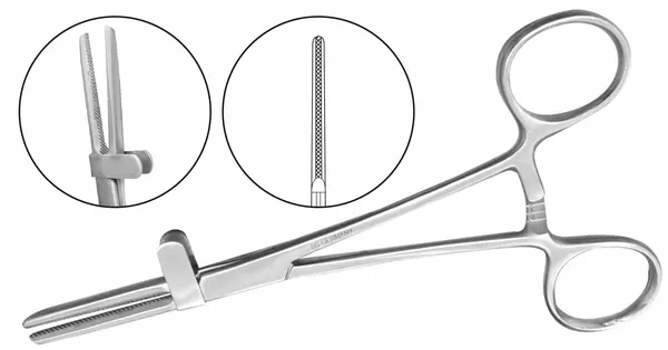 PINZA U.S. PARA OCLUSION DE TUBO, QUIJADA ASERRADA CON GUARDA, 14 CM. DE LONGITUD.