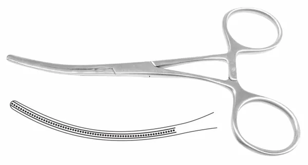 PINZA DEBAKEY DOBLE CURVA 10 CM. CLAMPS. CANAL LONGITUDINAL. DIENTES FINOS.