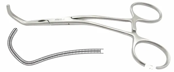 PINZA DEBAKEY COOLEY ANGULO CHICO 11.5 CM. CANAL LONGITUDINAL Y ESTRIAS TRANSVERSALES.