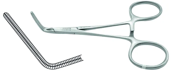 PINZA DEBAKEY COOLEY ANGULO MEDIANO 11.5 CM. CANAL LONGITUDINAL Y ESTRIAS TRANSVERSALES.