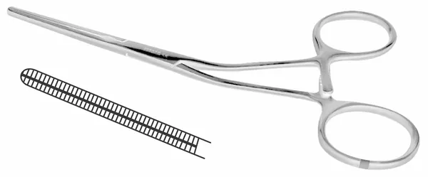 PINZA DEBAKEY COOLEY CURVO 14 CM.CANAL LONGITUDINAL Y ESTRIAS TRANSVERSALES.