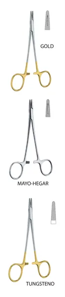 PORTA AGUJAS MAYO-HEGAR 12.5 CM, RECTO, CON RANURA CENTRAL Y ESTRIAS CRUZADAS.