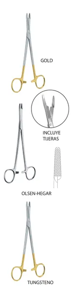 PORTA AGUJAS CON TIJERAS OLSEN HEGAR 12.5 CM. CON INSERTOS DE CARBURO DE TUNGSTENO.