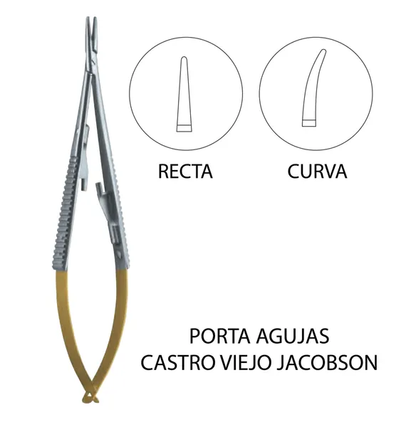 PORTA AGUJAS CASTRO VIEJO JACOBSON CURVO 18 CM. CON INSERTOS DE CARBURO DE TUNGSTENO.