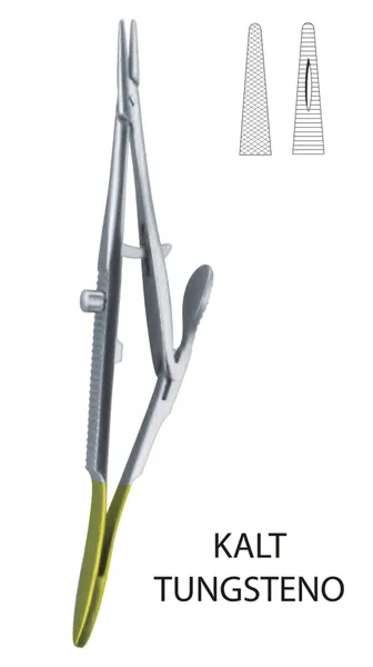 PORTA AGUJAS KALT, RECTO, 14 CM. QUIJADAESTRIADA, CON INSERTOS DE CARBURO DE TUNGSTENO.