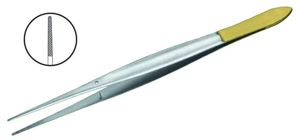 PINZA DE DISECCIÓN CUSHING, RECTA, SIN DIENTES ESTRIAS TRANSVERSALES. CON INSERTOS DE CARBURO DE TUNGSTENO. LONGITUD 18 CM.