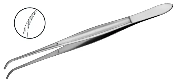 PINZA DE DISECCIÓN CUSHING, CURVA, SIN DIENTES ESTRIAS TRANSVERSALES. LONGITUD 18 CM