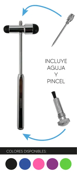 MARTILLO PARA REFLEJOS BUCK AZUL DE 18 CM. DE LONGITUD. PERCUTOR CON CILINDRO DE HULE, MANGO SOLIDO, CON AGUJA Y PINCEL.