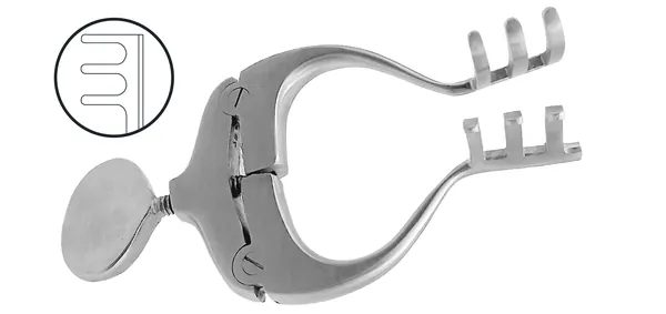 Separador Jansen-Mastoid, con garfios 3x3 de puntas romas, abertura 44 mm. Longitud total 102 mm.