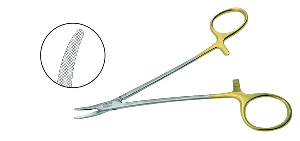 PORTA AGUJAS CRILE-WOOD CON SERRACIONES CURVO 18 CM. TUNGSTENO