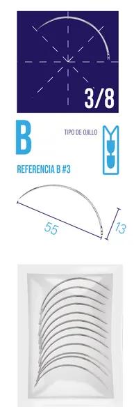 AGUJA PARA SUTURA 3/8 DE CÍRCULO. PAQ.12 PZS. #3 (13 X 55 MM). OJO AUTOMÁTICO.